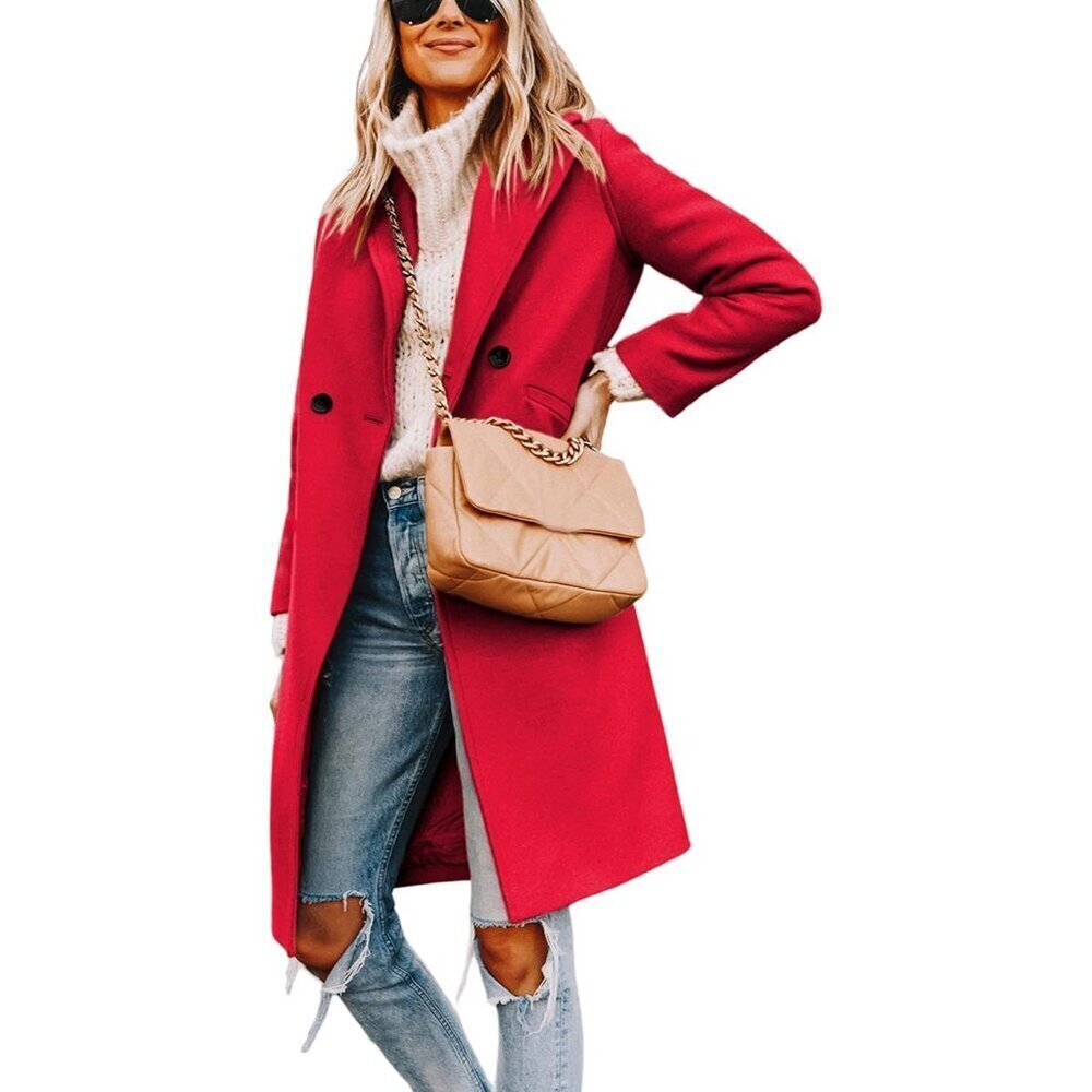 🆕Women's Red Winter Wool Coat Casual Notch Lapel Single-Breasted Peacoat